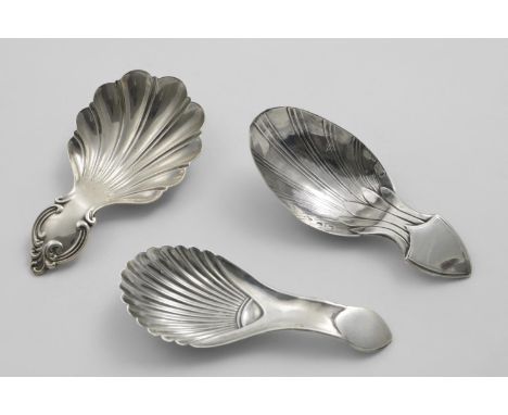 TWO SHEFFIELD-MADE CADDY SPOONS:- One with a shield cartouche by N. Smith &amp; Co., 1796, one with a leafy scroll cartouche 