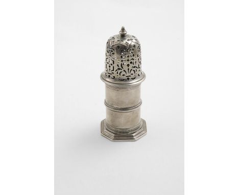 AN EARLY 18TH CENTURY DUTCH "LIGHTHOUSE" SUGAR CASTER on a cast octagonal foot, with moulded borders and pierced, bell-shaped