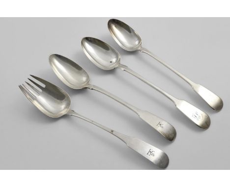 A GEORGE IV IRISH FIDDLE RATTAIL BASTING SPOON crested, Dublin 1822, a George III Irish Fiddle serving fork, crested, a Georg