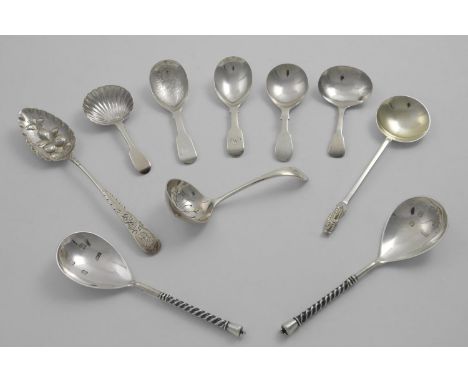 A MIXED LOT:- Five various caddy spoons (two initialled), a sugar sifter ladle, a "berry" spoon, an "apostle" spoon, two Scot