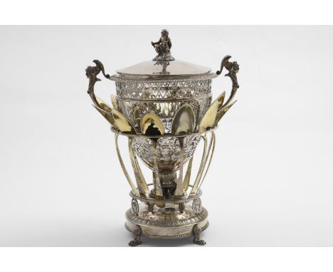 AN EARLY 19TH CENTURY FRENCH OPENWORK SUGAR VASE &amp; COVER with twin handles, a figure finial and a non-matching glass line