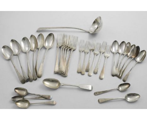 MISCELLANEOUS ANTIQUE FLATWARE Old English pattern to include: six table spoons, a set of six table forks, a set of six desse