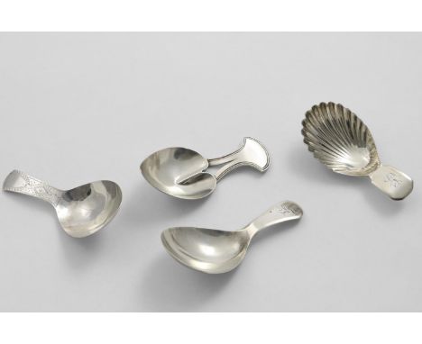 A GEORGE III CADDY SPOON with a bowl-shaped  like a lily pad and a bifurcated, thread-bordered handle, by Josiah Snatt, Londo