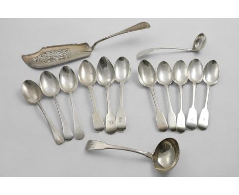 A MIXED LOT:- A Victorian fish slice, a Newcastle toddy ladle, a George III sauce ladle, nine various antique Fiddle dessert 