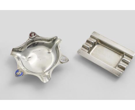 AN ART DECO SMALL RECTANGULAR ASHTRAY inscribed "R.M.S. QUEEN MARY", maker's mark "H. Brothers", Birmingham 1952 and a Corona