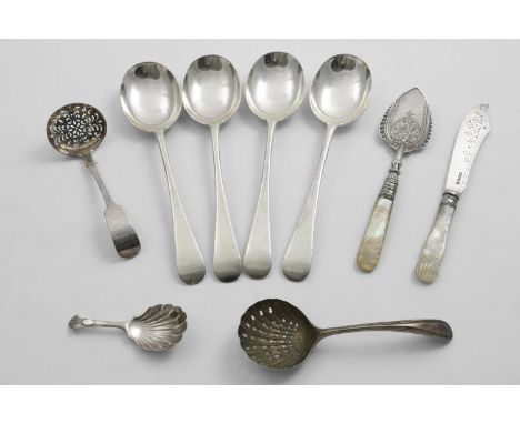 A SMALL MIXED LOT:- A set of four English pattern soup spoons, by C.W. Fletcher, Sheffield 1920, a Fiddle pattern sugar sifte