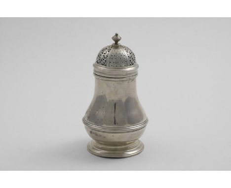 A GEORGE V POT-BELLIED SUGAR CASTER with a moulded girdle, domed cover and knop finial, by the Goldsmiths &amp; Silversmiths 