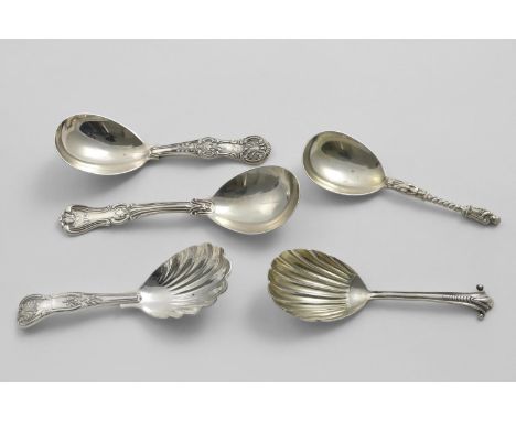 FIVE VICTORIAN CADDY SPOONS with stems displaying a variety of patterns, (three with initials), by different makers, mixed da