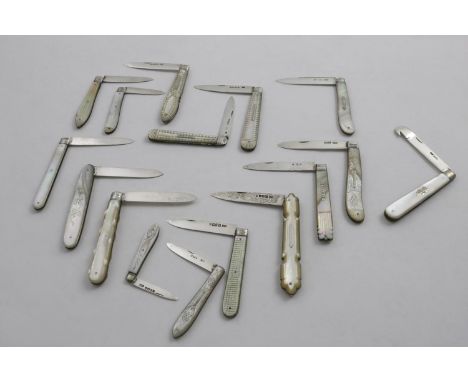 FIFTEEN VARIOUS MOTHER-OF-PEARL MOUNTED FOLDING FRUIT KNIVES and another with an orange peeler blade, some with initials/dedi