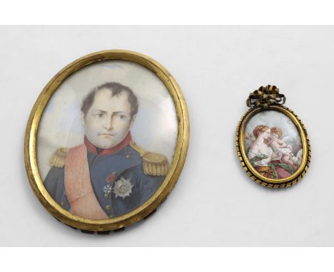 ENGLISH SCHOOL:- Portrait miniature of Napoleon, wearing uniform, head and shoulders, on ivory bears signature P.D. 1815; 9.5