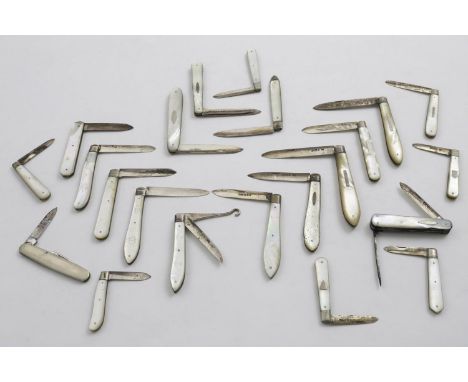VARIOUS MOTHER-OF-PEARL MOUNTED FOLDING FRUIT KNIVES mixed dates, George III - George V, another with additional foliding but