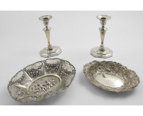 A MIXED LOT:- A pair of late Victorian candlesticks on canted rectangular bases, by R. Martin &amp; E. Hall, Sheffield 1895 (