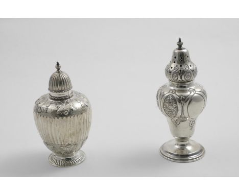 A LATE VICTORIAN SUGAR CASTER of inverted baluster form, with floral decoration by E.S. Jones, Birmingham 1897, together with