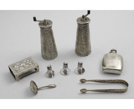 A MIXED LOT:- A pair of Far Eastern mounted wooden pepper mills, a spirit flask, a matchbox mount, a pair of George III sugar