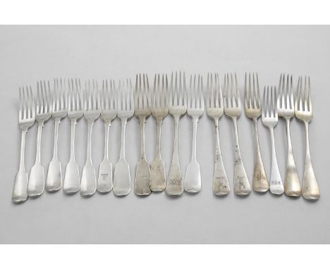 SIXTEEN VARIOUS ANTIQUE TABLE FORKS Fiddle and Old English pattern, most pieces either crested or initialled, George III - Vi