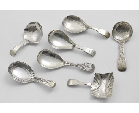 SEVEN VARIOUS ANTIQUE BIRMINGHAM-MADE CADDY SPOONS (some initialled), by various makers: George Unite, Samuel Pemberton, Will
