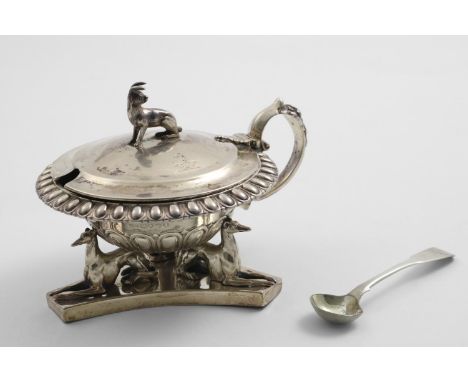 HARE COURSING:- A George IV large circular mustard pot on a tricorn base with three greyhounds, a part-fluted body with a ton