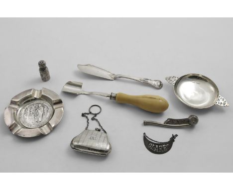 A MIXED LOT:- A Victorian ivory-handled cheese scoop, initialled "BP", by Martin Hall &amp; Co., Sheffield 1861, an ash tray,