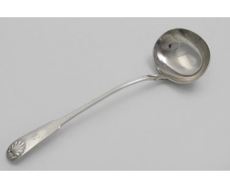 A GEORGE IV SCOTTISH SOUP LADLE Fiddle &amp; Shell pattern, initialled "B", by J. McKay, Edinburgh 1823;  13.25" (33.7 cms) l