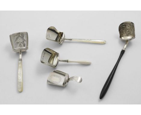 TWO GEORGE III CADDY SCOOPS with mother-of-pearl handles and a George IV caddy scoop with a long, turned wooden handle and st