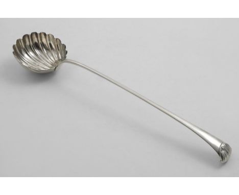 A GEORGE II / III SOUP LADLE with a rudimentary Onslow or scroll germinal and a fluted circular bowl, maker's mark "I.W" (str