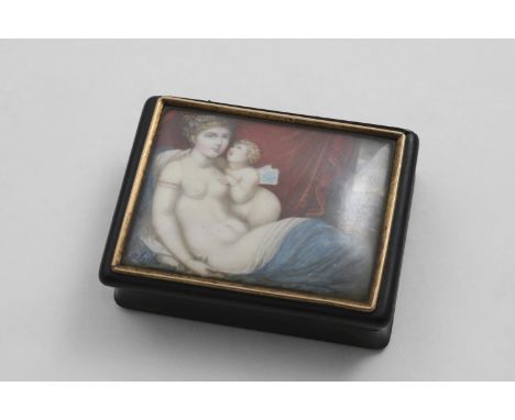 AN EARLY 19TH CENTURY RECTANGULAR GOLD-MOUNTED TORTOISESHELL SNUFF BOX the cover inset with a miniature painting (behind glas