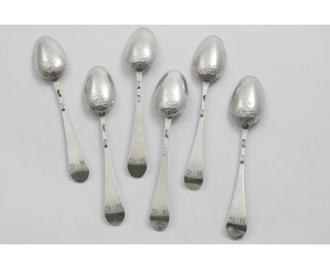 A SET OF GEORGE III HANOVERIAN FANCY-BACK TEA SPOONS initialled "W" over "MG" on the back of the terminal, maker's mark &amp;