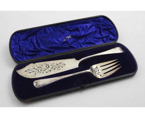 A LATE VICTORIAN CASED FISH SERVING KNIFE AND FORK with Old English pattern handles and fret-pierced blade &amp; tines, by Fr