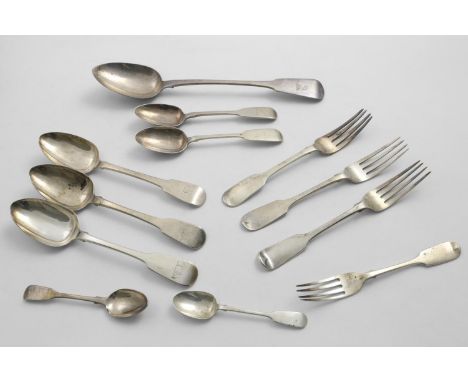ASSORTED ANTIQUE FIDDLE PATTERN FLATWARE:- A George IV basting spoon, three table spoons, three table forks, two dessert spoo