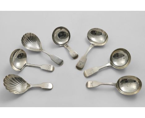 SEVEN VARIOUS ANTIQUE FIDDLE PATTERN CADDY SPOONS all with initials, mixed makers &amp; dates, all London-hallmarked, 1808-18