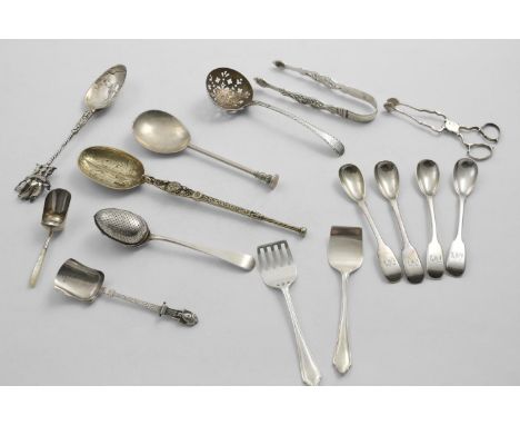 A MIXED LOT OF FLATWARE:- A silvergilt Coronation spoon by T. Bradbury &amp; Sons, Sheffield 1936,  a pair of sardine servers