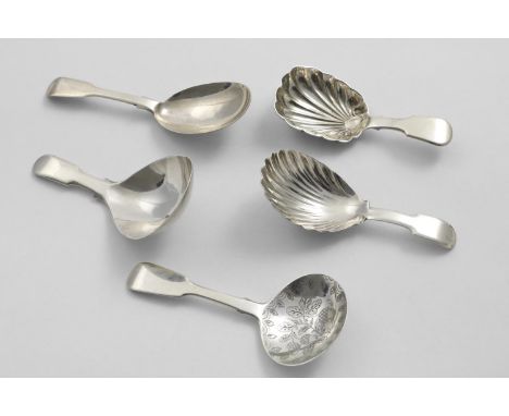 FIVE VARIOUS ANTIQUE FIDDLE PATTERN CADDY SPOONS# (none with initials), mixed makers and dates, all London-hallmarked 1812-18