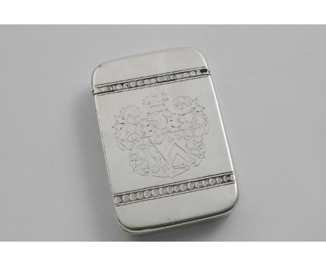 A GEORGE I / II SNUFF BOX rectangular with rounded corners, reeded borders and an engraved coat of arms on the cover, gilt in
