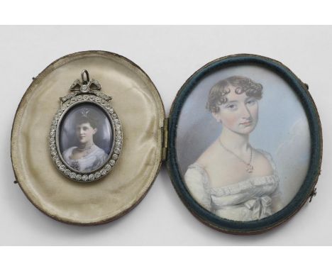 ENGLISH SCHOOL c.1810:- Miniature portrait of a lady wearing white dress and pearl necklace with Maltese Cross on ivory; 8.25