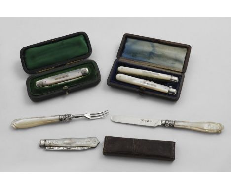 MOTHER-OF-PEARL MOUNTED FRUIT KNIVES &amp; FORKS:- A cased Victorian matching folding knife and fork, initialled "CCS", a lat