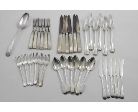 A MIXED LOT:- A set of six pairs of mother of pearl-handled fruit knives &amp; forks, maker's mark "E&amp;S", Sheffield 1927,