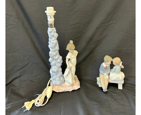 Vintage Nao lamp and a Nao figure of a boy and girl sitting on a bench, height of the lamp approximately 15 inches tall