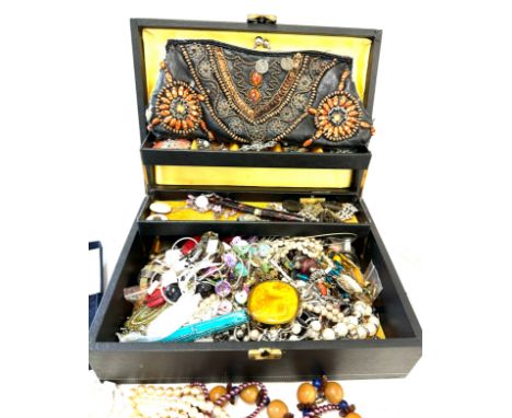 Large selection of vintage and later costume jewellery in a jewellery box 