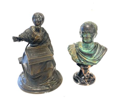 Antique continental Bronze lady figure with lifting box, height approx 5 inches and a Vespasiano riproduzione archeologica sm