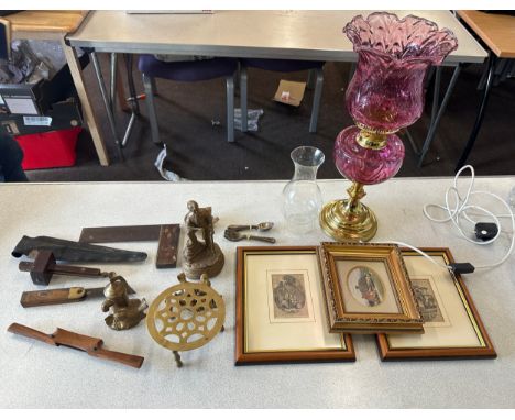 Selection of miscellaneous items includes electric oil lamp, vintage tools such a stanley etc 