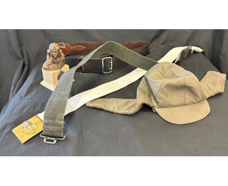 Selection of military items includes Light infantry officers sword belt sam browne 4.6 inch, White dress belt Royal Regiment 