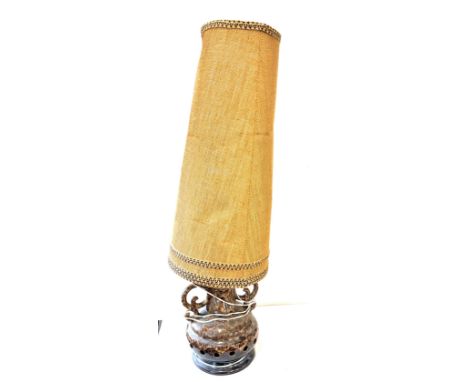 Large vintage 60s continental pottery upper downer lamp and shade, untested, approximate measurements: Height 44 inches