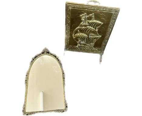 Vintage brass framed mirror and a brass ships galleon fire screen, mirror measures approx 26.5 inches tall 14 inches wide