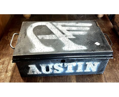 Vintage metal painted tin, approximate measurements: Heighht 7 inches, Width 17.5 inches, Depth 10.5 inches
