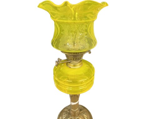 Antique brass bass yellow glass oil lamp complete with funnel and shade 