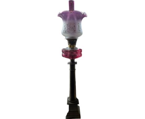 Antique pink glass oil lamp, complete 