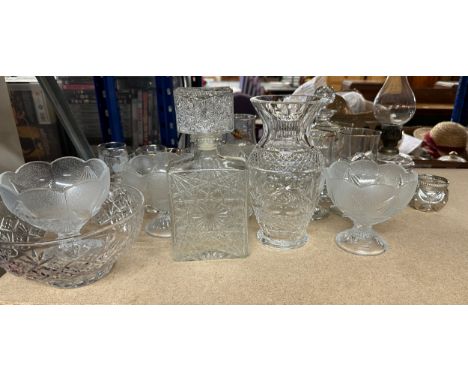 Large selection of vintage and later glassware includes decanters, oil lamp, glasses etc 