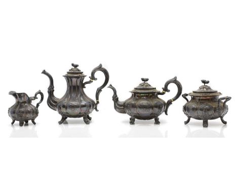 A French silver four piece tea and coffee service,  mid-19th century, Minerva head stamp for 950 standard, the teapot with iv