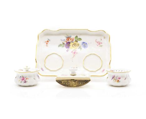 A Meissen porcelain desk stand, 20th century, of rectangular form, each piece gilt and floral decorated, mounted with a lidde