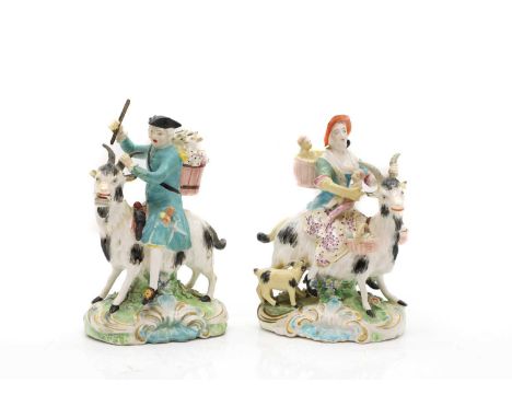 A pair of Derby porcelain patch figures late 18th century, of Welch Taylor or of Count Bruhl's Tailor and his wife, modelled 
